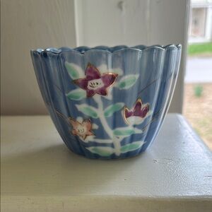 Scalloped Blue Floral Ceramic Bowl